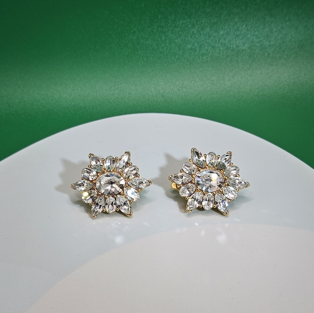 Trifari vintage clip earrings with crystals, rare find, gold tone